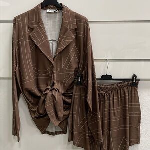 New Italy Brown Geometric Patterned Blazer and Shorts Set